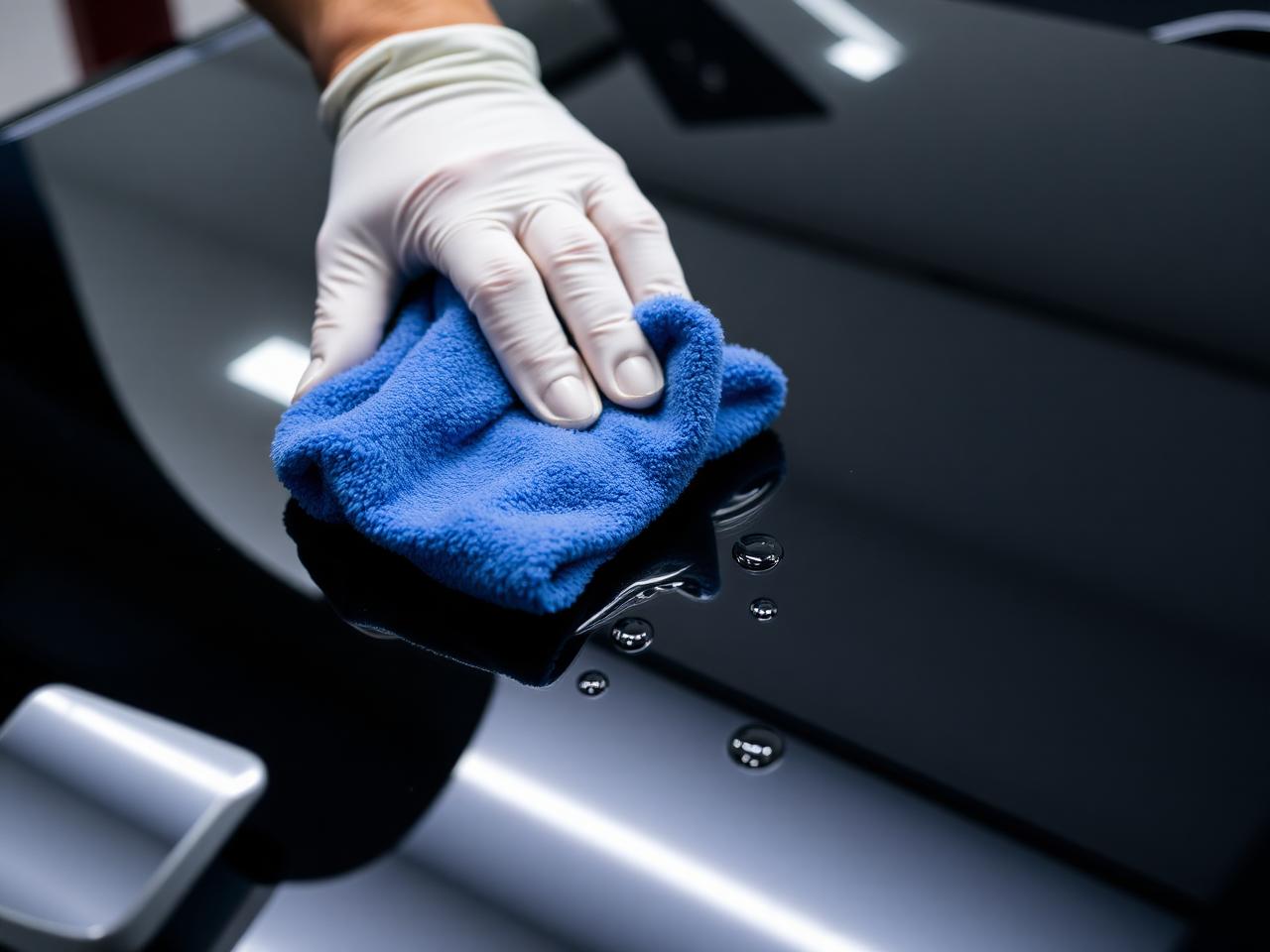 Professional detailer polishing a glossy black car hood