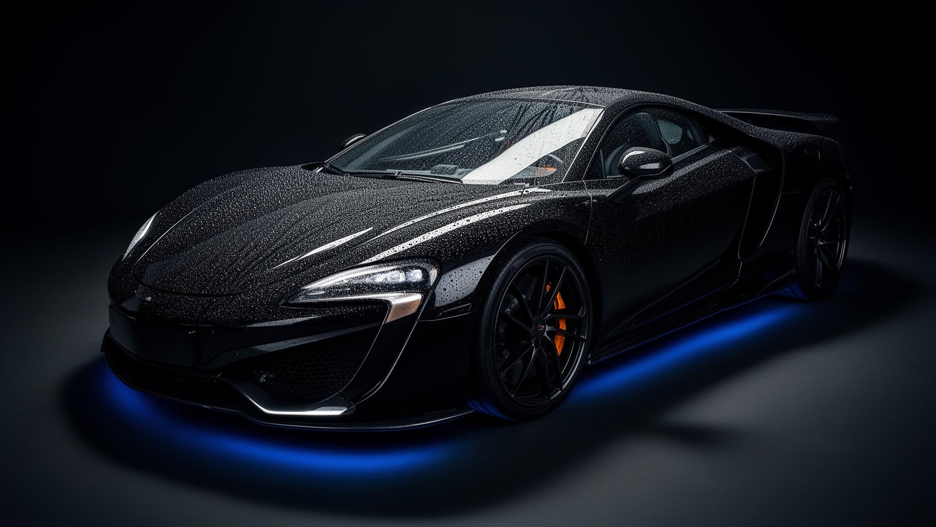 Luxury black sports car detailed with water beading on glossy paint